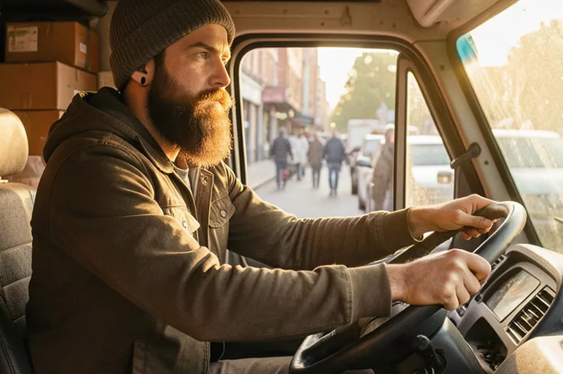 A driver behind the wheel of a delivery van