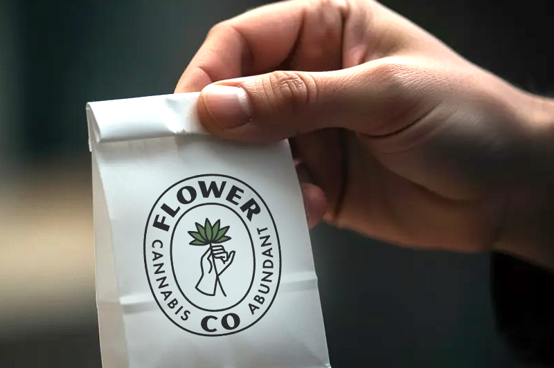 A hand holding a FLOWER CO. bag